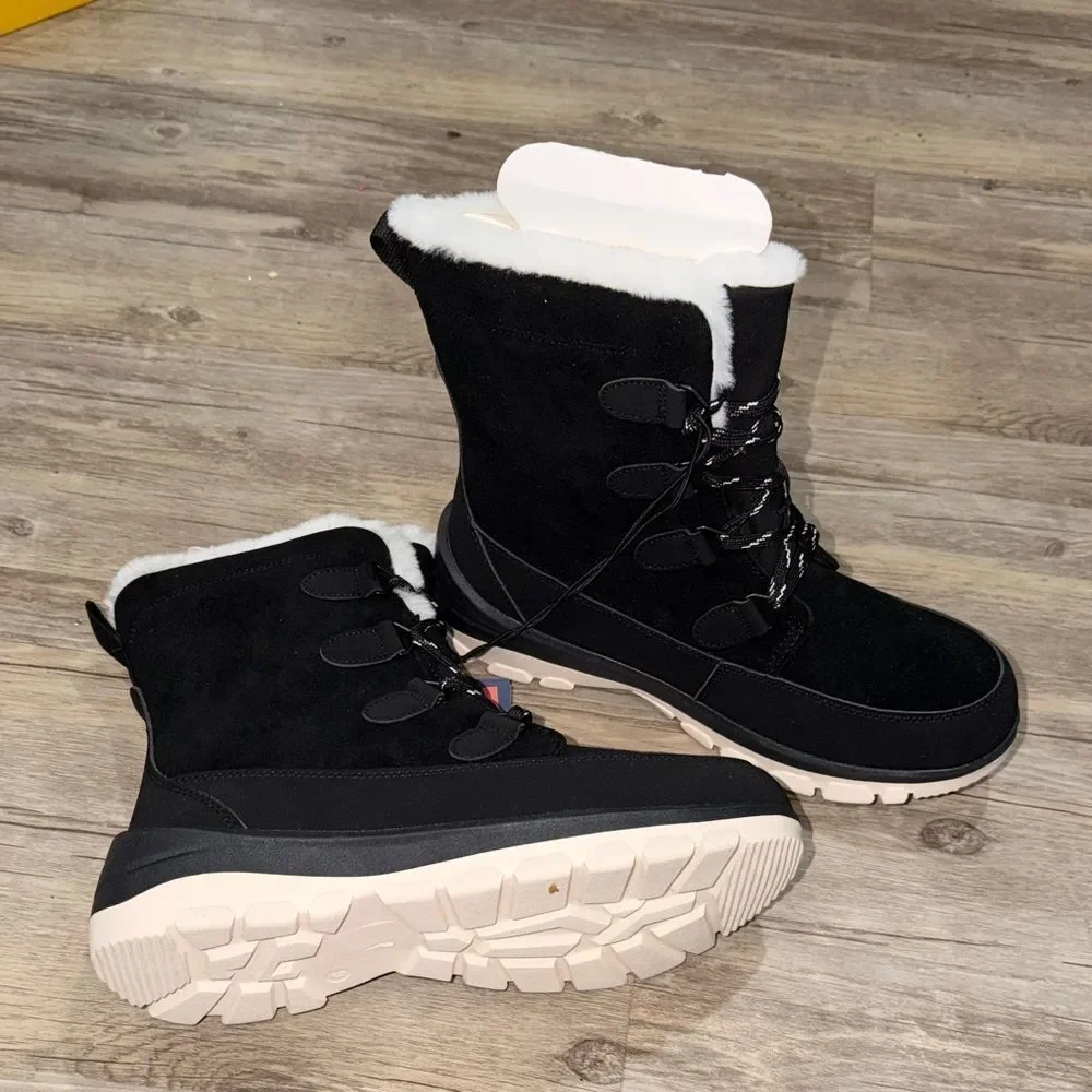 Universal Thread Black Winter Lace-Up Boots with White Faux Fur Trim